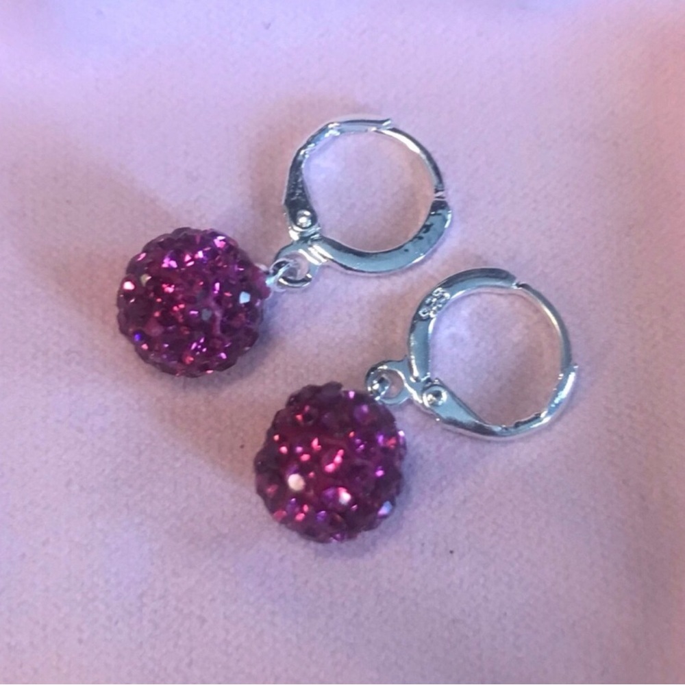 Silver Hoop Earrings with Fuchsia Crystal Pave Balls